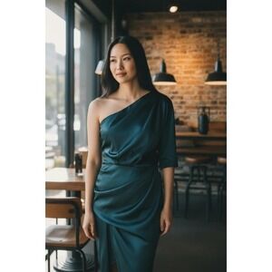 Satin Cocktail Dress Size XL Green One Shoulder Formal Party Wedding Date Night
